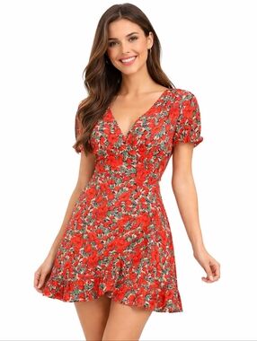 Molly Bracken Poppy Red Floral Wrap Mini Dress - NWOT 🌹